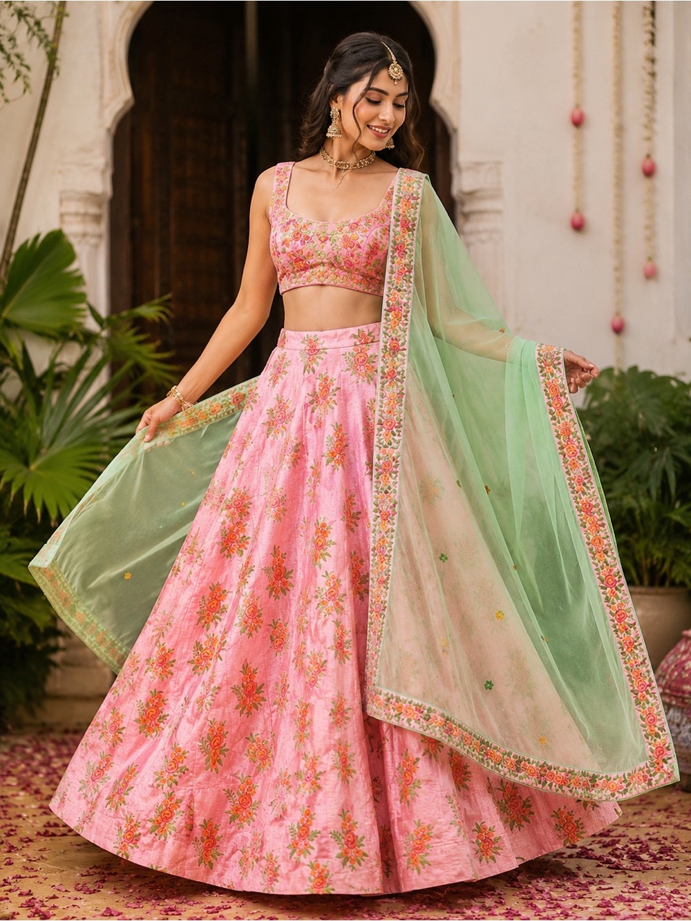 Pink Floral Embroidered Lehenga Set with Mint Green Dupatta